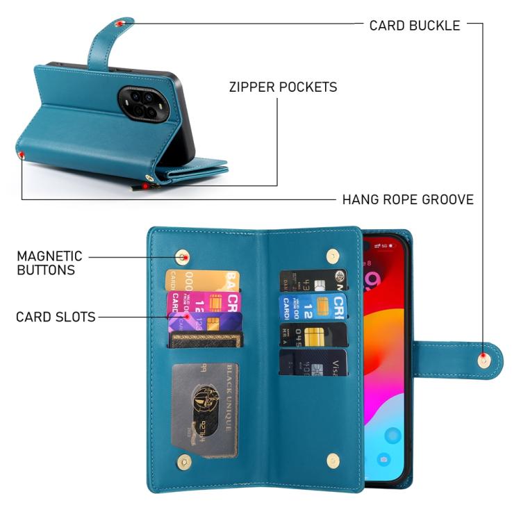 For Huawei nova 13 Pro Nine Card-slot Zipper Wallet Bag Leather Phone Case