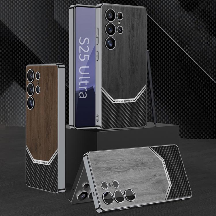 For Samsung Galaxy S25 Ultra 5G GKK Plating Leather Wood Texture Full Coverage Phone Case