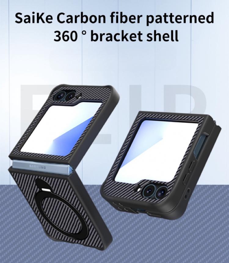 For Samsung Galaxy Z Flip6 Carbon Fiber Texture 360 MagSafe Holder Phone Case