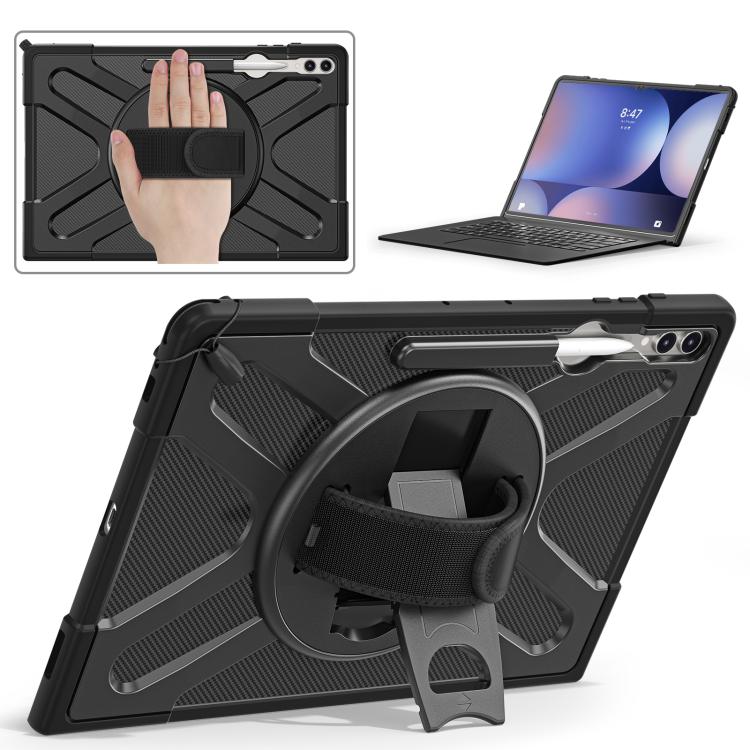 For Samsung Galaxy Tab S10 Ultra / S9 Ultra Rotatable Kickstand Grip Silicone Hybrid PC Tablet Case - Black
