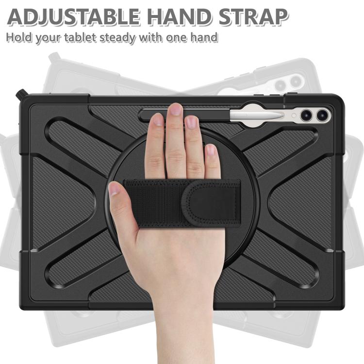 For Samsung Galaxy Tab S10 Ultra / S9 Ultra Rotatable Kickstand Grip Silicone Hybrid PC Tablet Case - Black