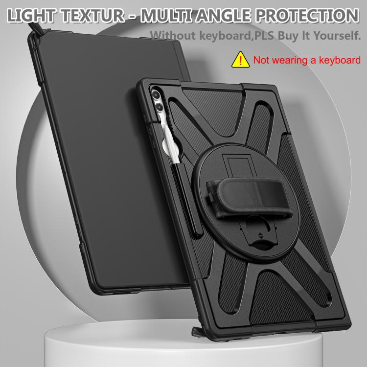 For Samsung Galaxy Tab S10 Ultra / S9 Ultra Rotatable Kickstand Grip Silicone Hybrid PC Tablet Case - Black
