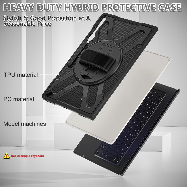 For Samsung Galaxy Tab S10 Ultra / S9 Ultra Rotatable Kickstand Grip Silicone Hybrid PC Tablet Case - Black