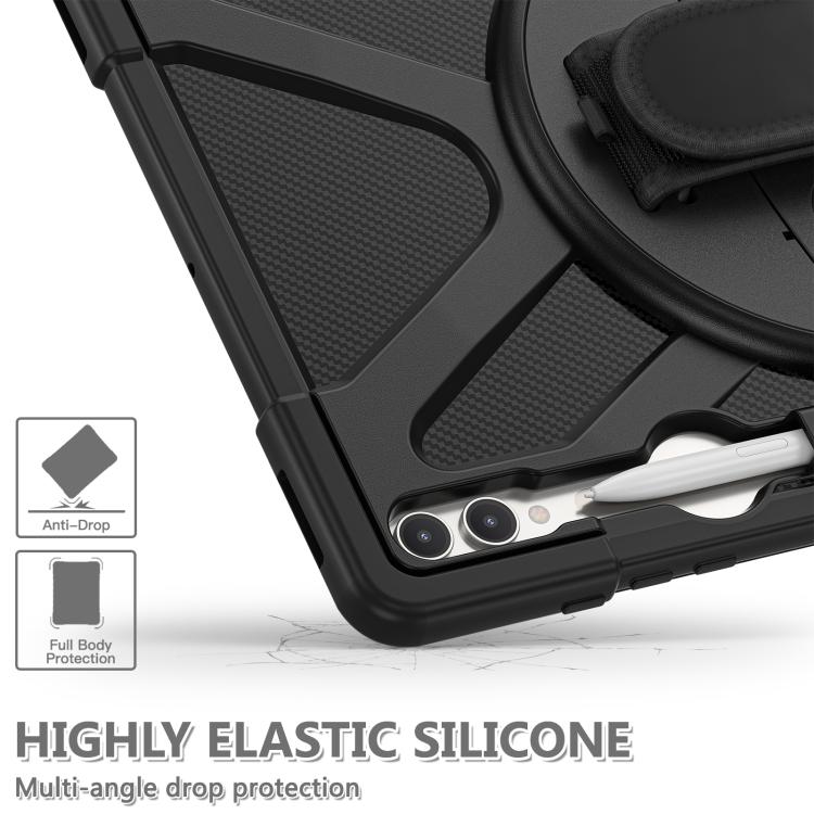 For Samsung Galaxy Tab S10 Ultra / S9 Ultra Rotatable Kickstand Grip Silicone Hybrid PC Tablet Case - Black