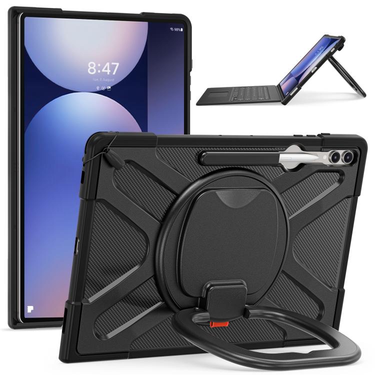 For Samsung Galaxy Tab S10 Ultra / S9 Ultra Handle Kickstand Silicone Hybrid PC Tablet Case - Black