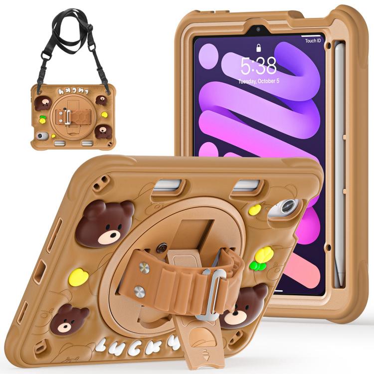 For iPad mini 2024 / mini 6 Bear Rotation Kickstand Silicone Hybrid PC Tablet Case - Brown