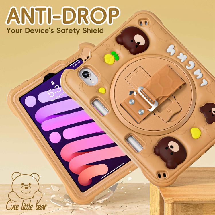 For iPad mini 2024 / mini 6 Bear Rotation Kickstand Silicone Hybrid PC Tablet Case - Brown