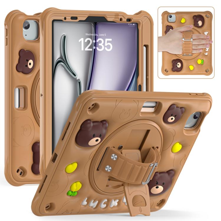 For iPad Air 11 2025 / 2024 / Pro 11 2022 Bear Rotation Kickstand Silicone Hybrid PC Tablet Case - Brown