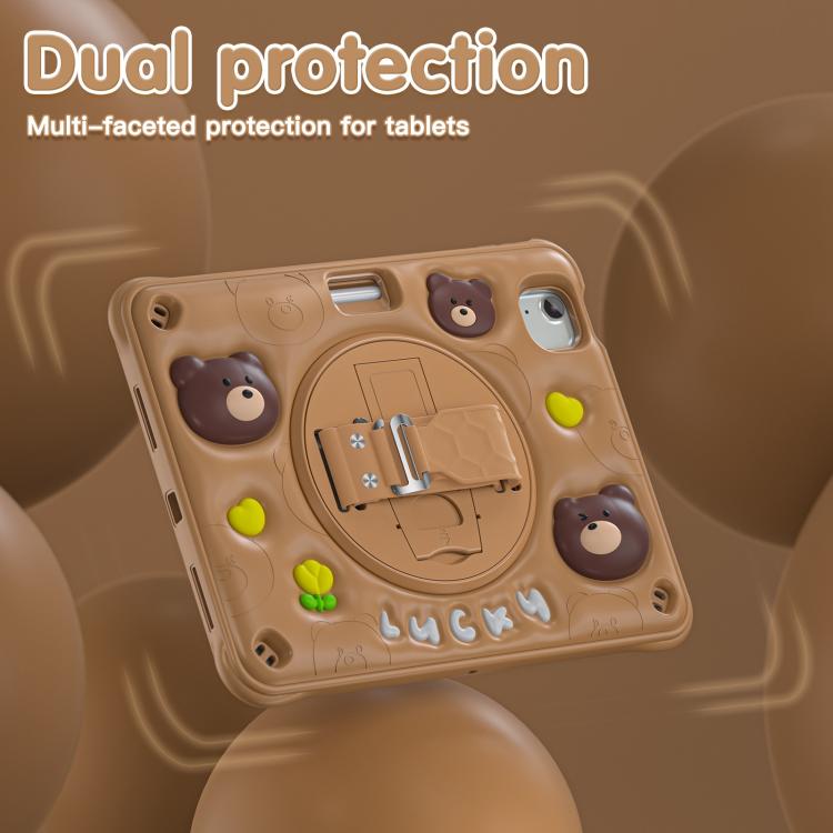 For iPad Air 11 2025 / 2024 / Pro 11 2022 Bear Rotation Kickstand Silicone Hybrid PC Tablet Case - Brown
