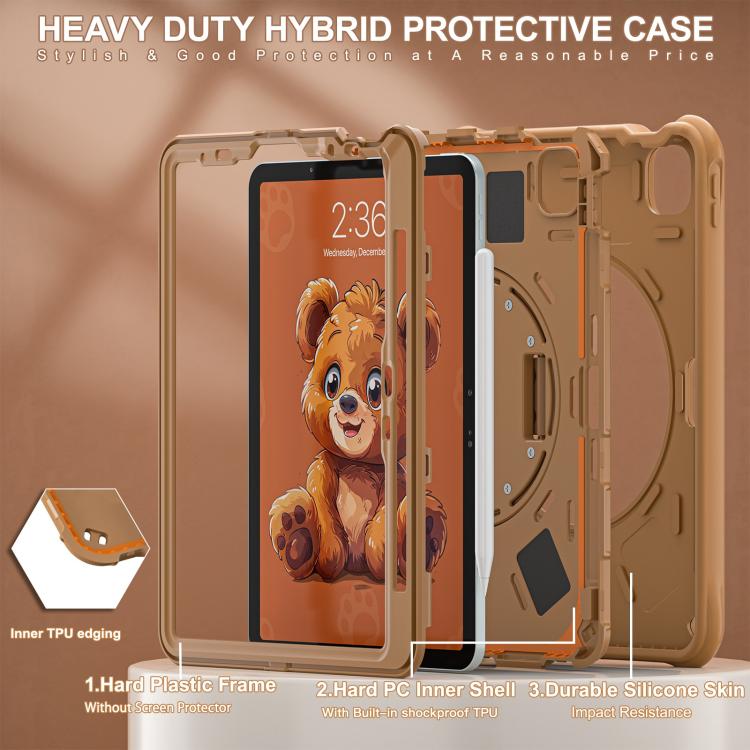For iPad Air 11 2025 / 2024 / Pro 11 2022 Bear Rotation Kickstand Silicone Hybrid PC Tablet Case - Brown
