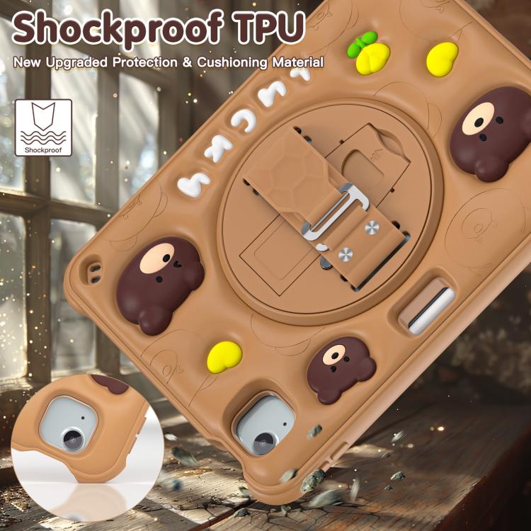 For iPad Air 11 2025 / 2024 / Pro 11 2022 Bear Rotation Kickstand Silicone Hybrid PC Tablet Case - Brown