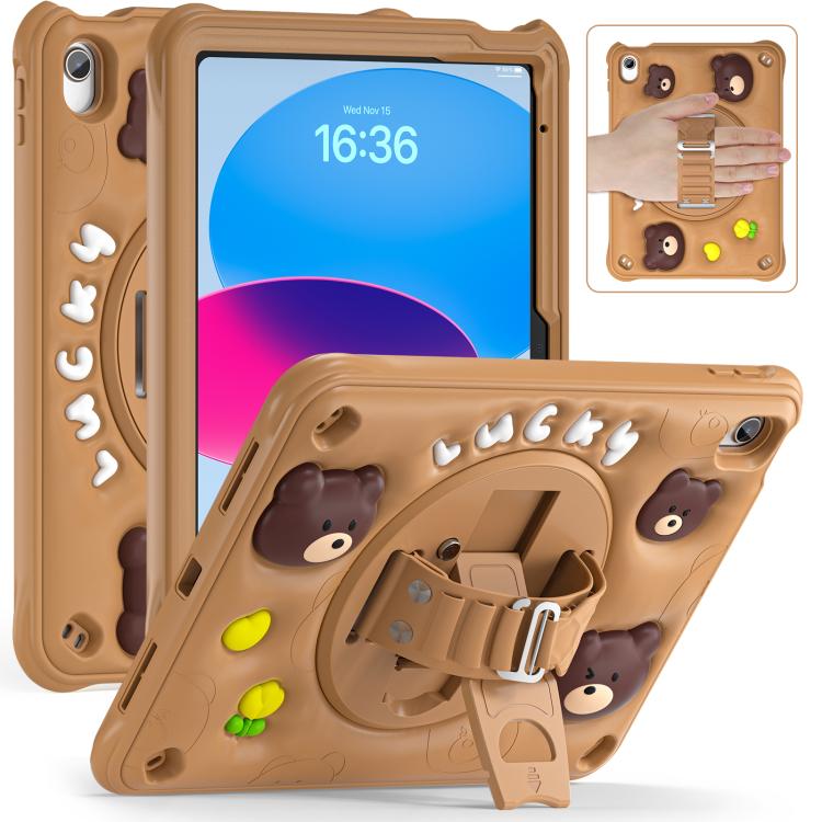 For iPad 2025 / 2022 Bear Rotation Kickstand Silicone Hybrid PC Tablet Case - Brown
