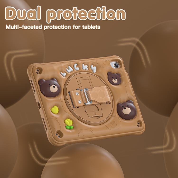 For iPad 2025 / 2022 Bear Rotation Kickstand Silicone Hybrid PC Tablet Case - Brown