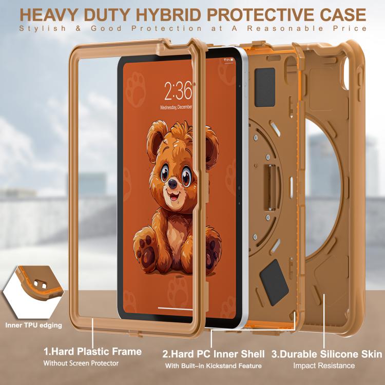 For iPad 2025 / 2022 Bear Rotation Kickstand Silicone Hybrid PC Tablet Case - Brown