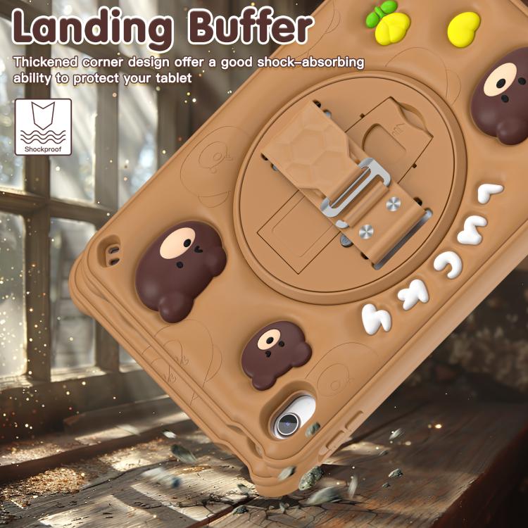 For iPad 2025 / 2022 Bear Rotation Kickstand Silicone Hybrid PC Tablet Case - Brown