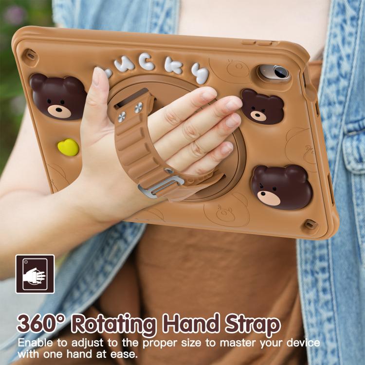 For iPad 2025 / 2022 Bear Rotation Kickstand Silicone Hybrid PC Tablet Case - Brown