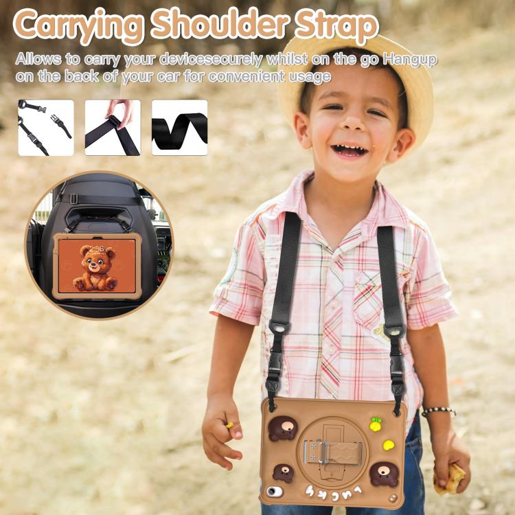 For iPad 2025 / 2022 Bear Rotation Kickstand Silicone Hybrid PC Tablet Case - Brown