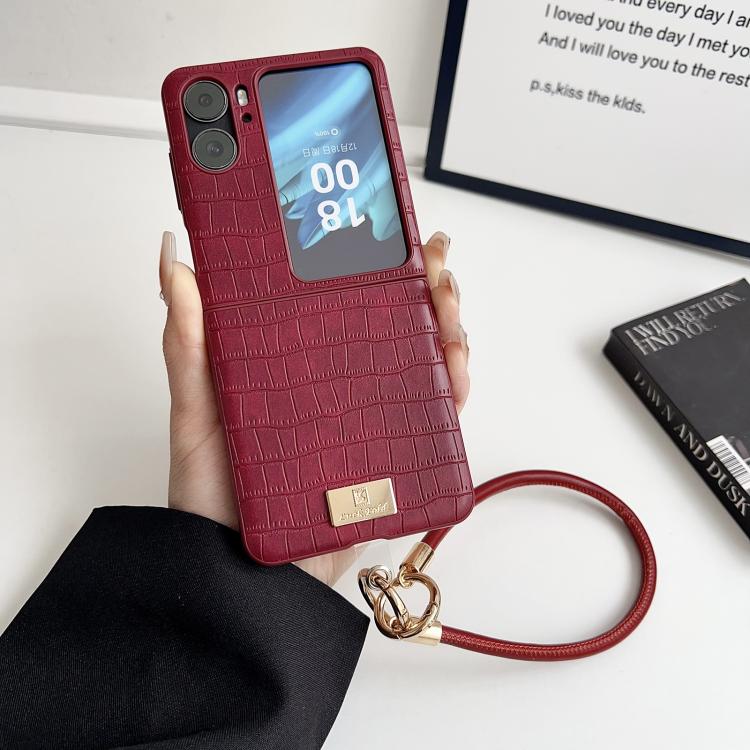 For OPPO Find N2 Flip Crocodile Texture TPU Phone Case With Strap - Red
