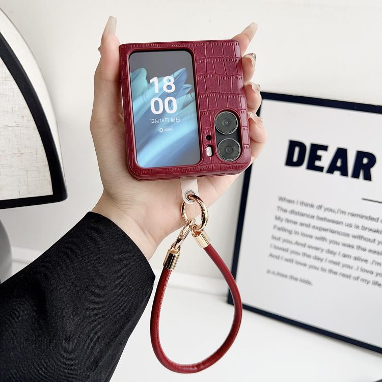 For OPPO Find N2 Flip Crocodile Texture TPU Phone Case With Strap - Red