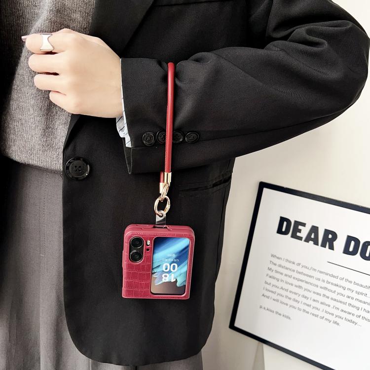 For OPPO Find N2 Flip Crocodile Texture TPU Phone Case With Strap - Red