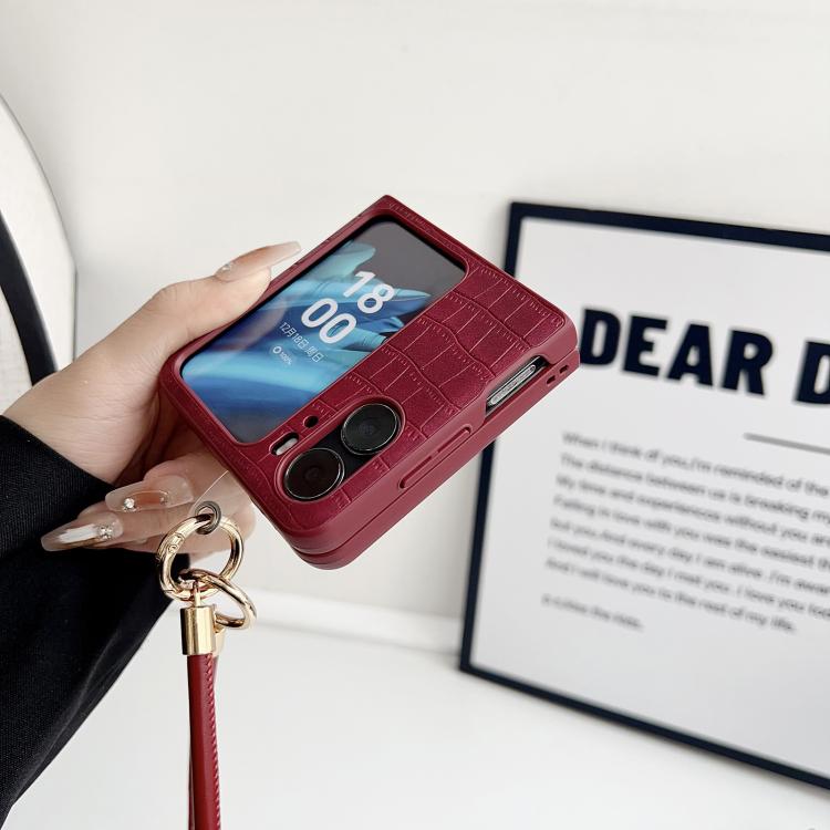 For OPPO Find N3 Flip Crocodile Texture TPU Phone Case With Strap - Red