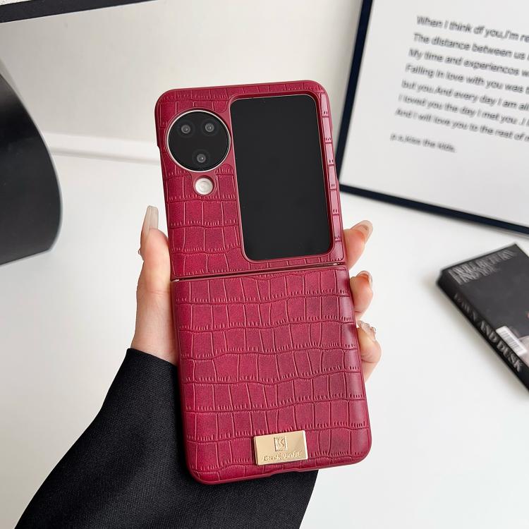 For OPPO Find N3 Flip Crocodile Texture TPU Phone Case With Strap - Red