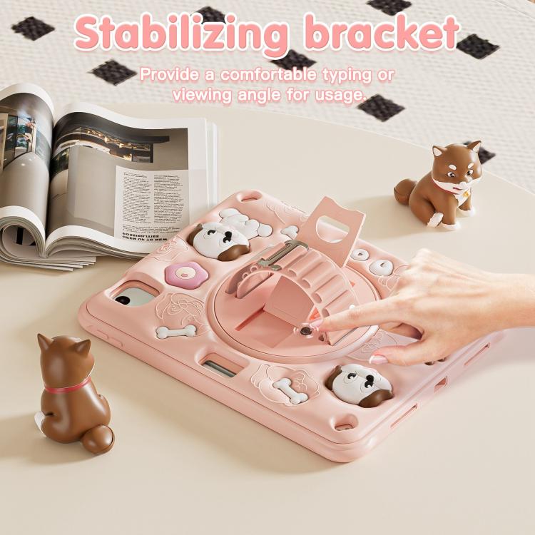 For iPad Air 11 2025 / 2024 / Pro 11 2022 Dog Rotation Kickstand Silicone Hybrid PC Tablet Case - Pink
