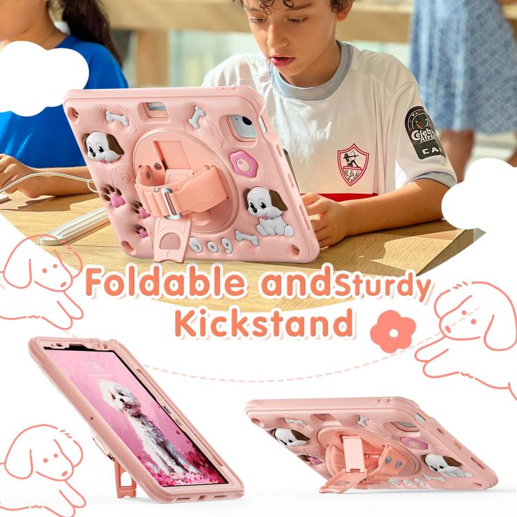 For iPad Air 11 2025 / 2024 / Pro 11 2022 Dog Rotation Kickstand Silicone Hybrid PC Tablet Case - Pink
