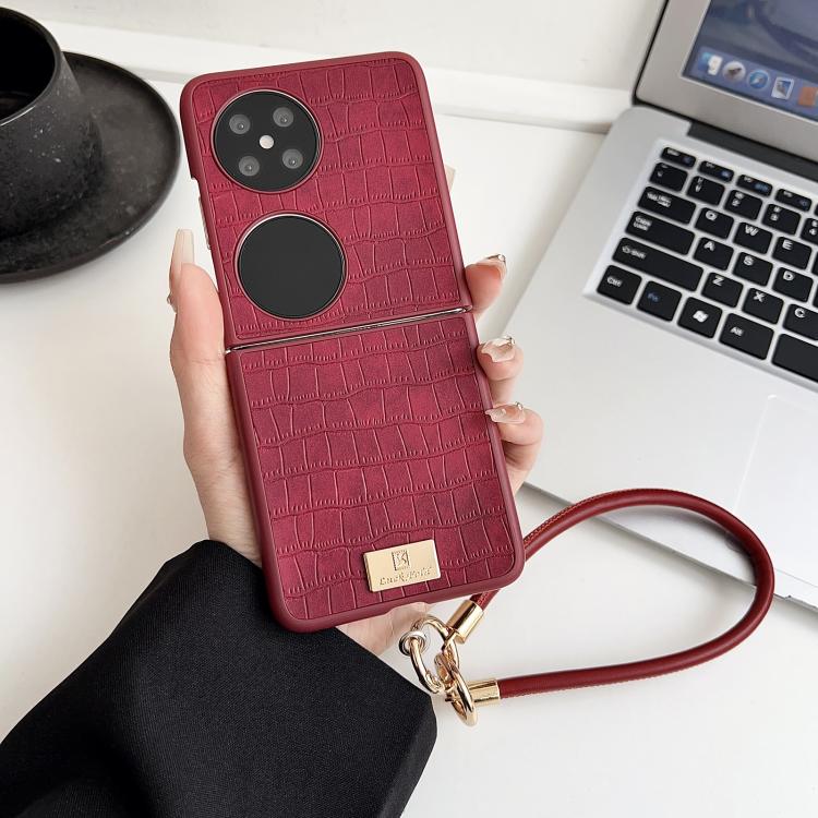 For Huawei Pocket 2 Crocodile Texture TPU Phone Case With Strap - Red