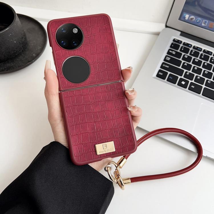 For Huawei P50 Pocket Crocodile Texture TPU Phone Case With Strap - Red