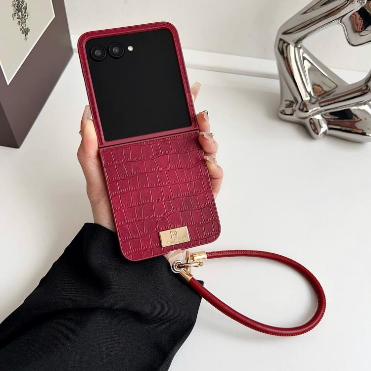 For Motorola Razr 50 Crocodile Texture TPU Phone Case With Strap - Red