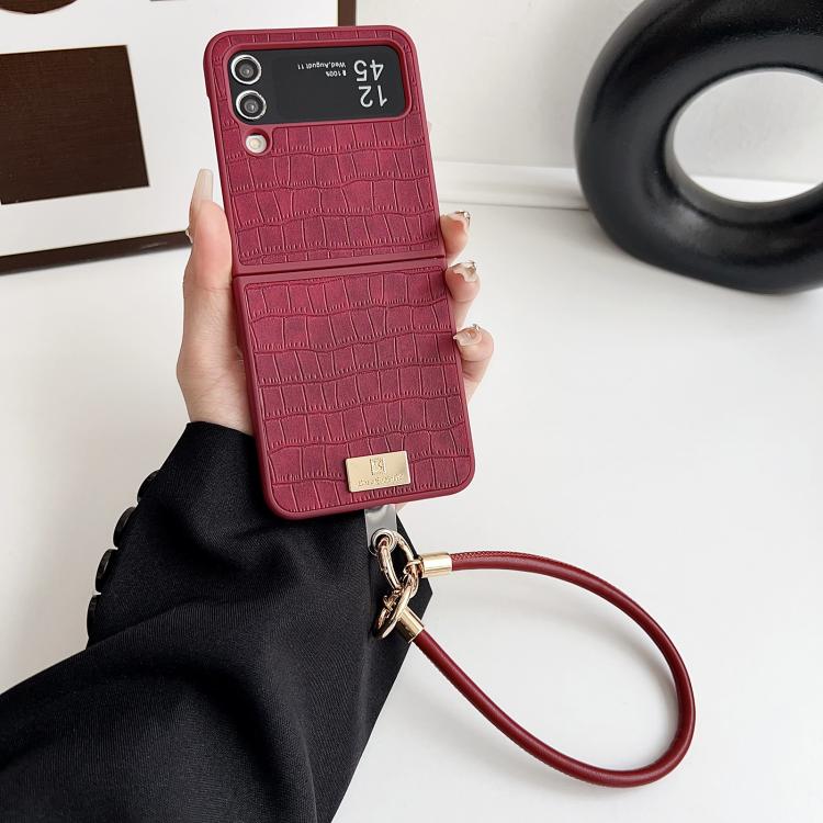 For Samsung Galaxy Z Flip4 Crocodile Texture TPU Phone Case With Strap - Red