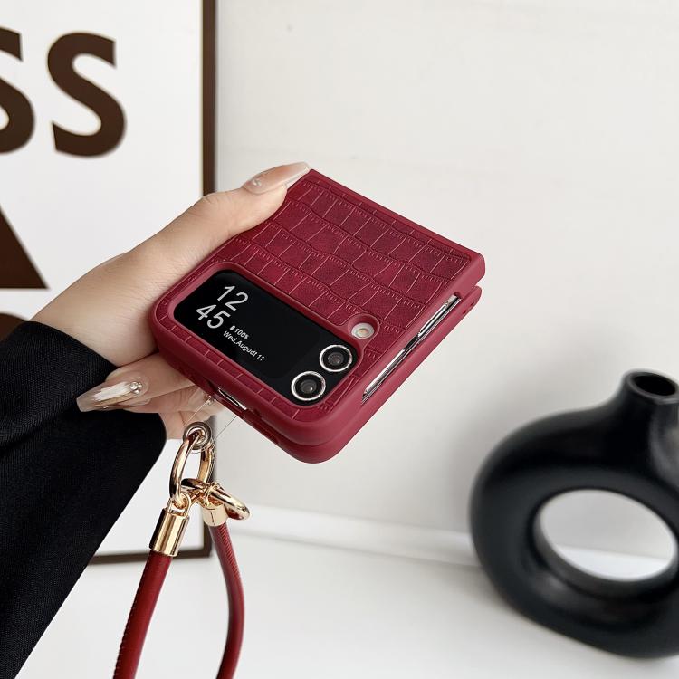 For Samsung Galaxy Z Flip4 Crocodile Texture TPU Phone Case With Strap - Red