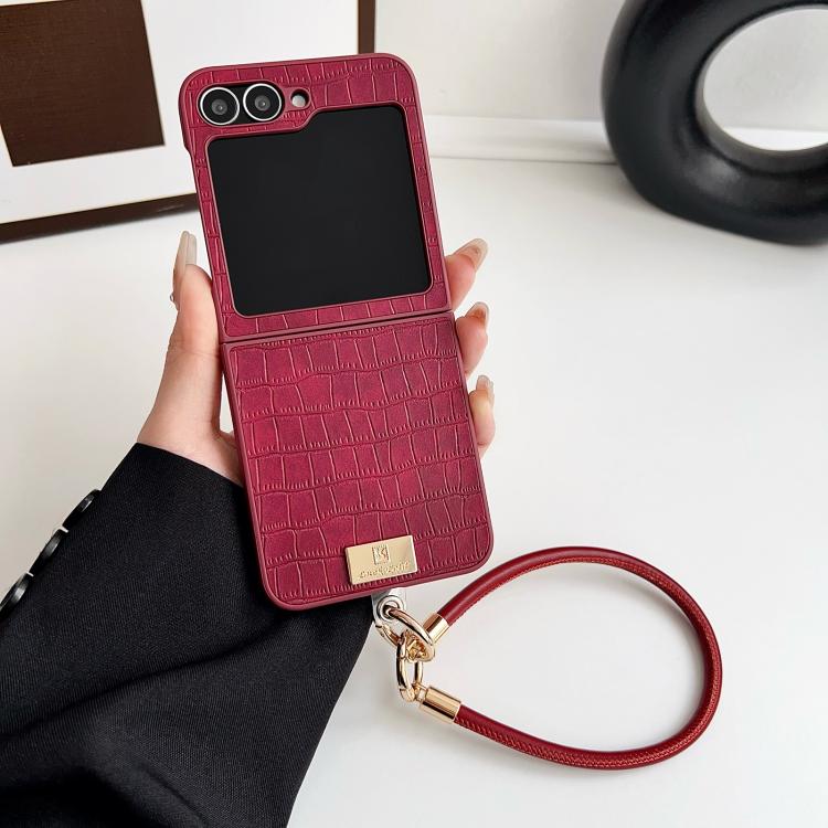 For Samsung Galaxy Z Flip5 Crocodile Texture TPU Phone Case With Strap - Red