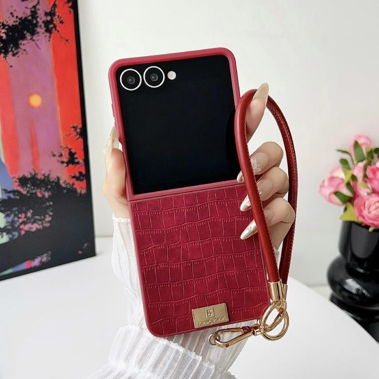 For Samsung Galaxy Z Flip7 5G Crocodile Texture TPU Phone Case With Strap - Red