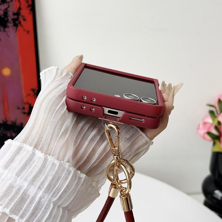 For Samsung Galaxy Z Flip7 5G Crocodile Texture TPU Phone Case With Strap - Red
