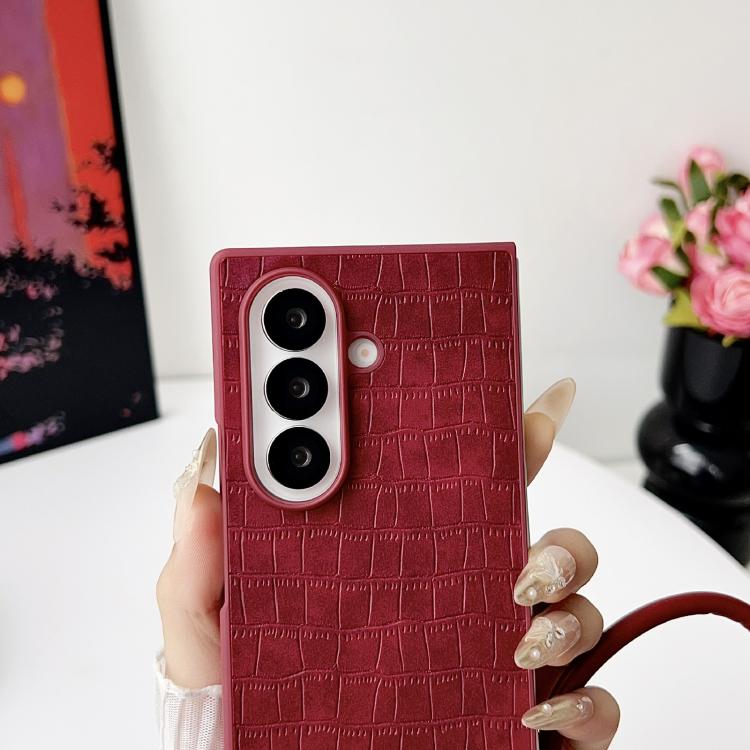 For Samsung Galaxy Z Fold7 5G Crocodile Texture TPU Phone Case With Strap - Red