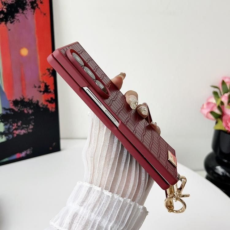For Samsung Galaxy Z Fold7 5G Crocodile Texture TPU Phone Case With Strap - Red