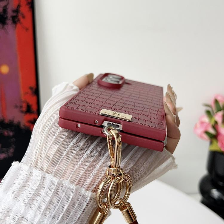 For Samsung Galaxy Z Fold7 5G Crocodile Texture TPU Phone Case With Strap - Red