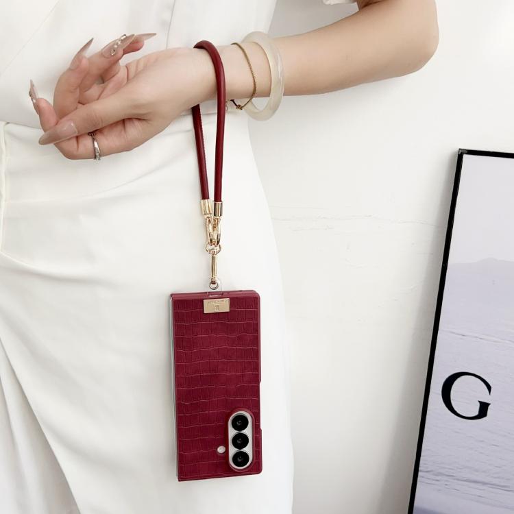 For Samsung Galaxy Z Fold7 5G Crocodile Texture TPU Phone Case With Strap - Red