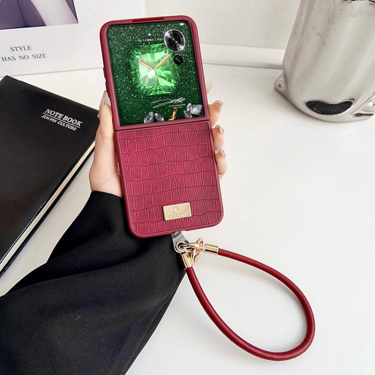 For Honor Magic V Flip Crocodile Texture TPU Phone Case With Strap - Red