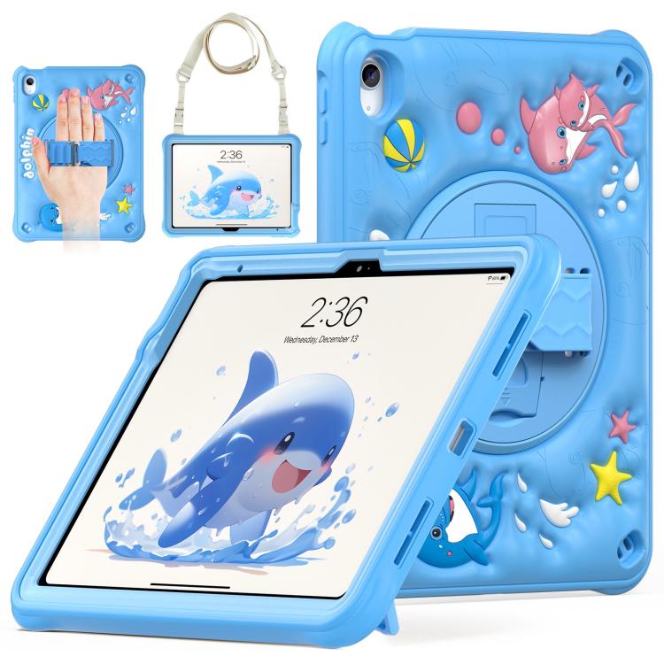 For iPad 2025 / 2022 Dolphin Rotation Kickstand Silicone Hybrid PC Tablet Case - Blue