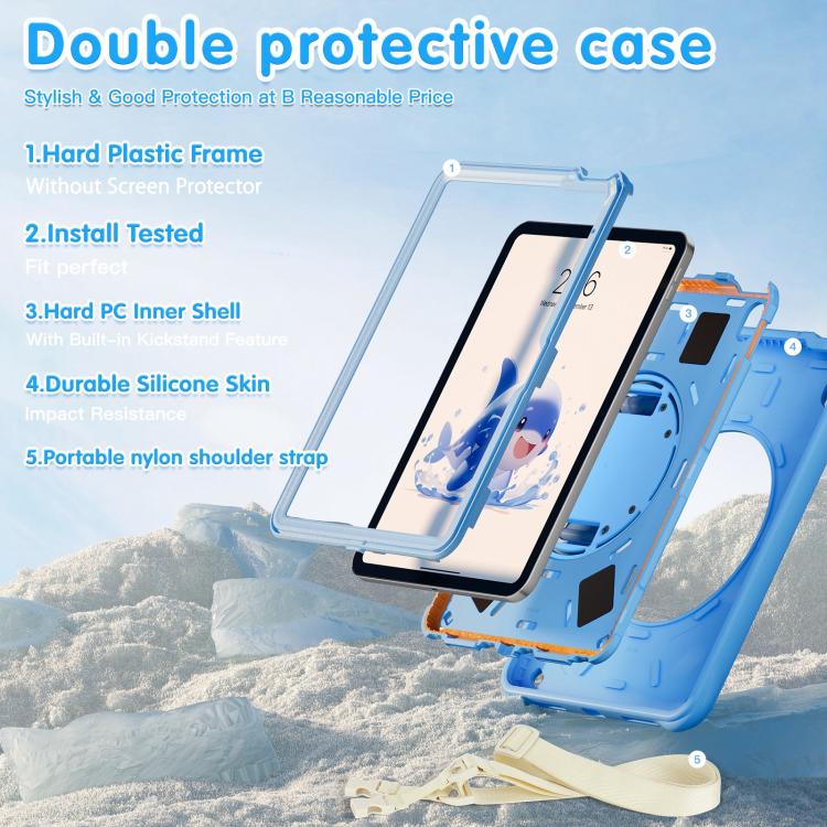 For iPad 2025 / 2022 Dolphin Rotation Kickstand Silicone Hybrid PC Tablet Case - Blue