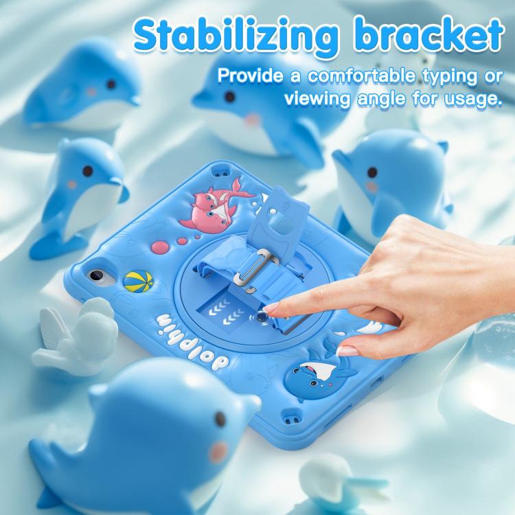 For iPad 2025 / 2022 Dolphin Rotation Kickstand Silicone Hybrid PC Tablet Case - Blue