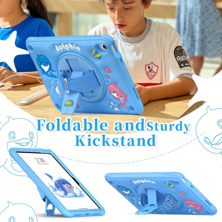 For iPad 2025 / 2022 Dolphin Rotation Kickstand Silicone Hybrid PC Tablet Case - Blue