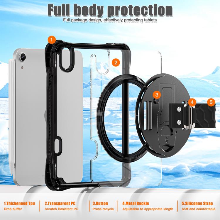For iPad mini 2024 / mini 6 Rotation Grip Holder TPU Hybrid Clear PC Tablet Case
