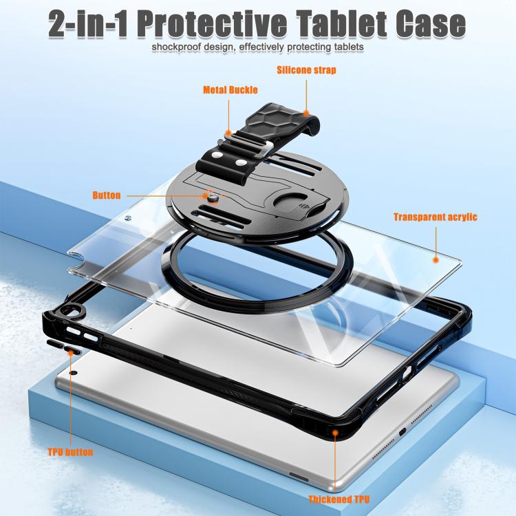 For iPad 10.2 2021 / 2020 / 2019 Rotation Grip Holder TPU Hybrid Clear PC Tablet Case