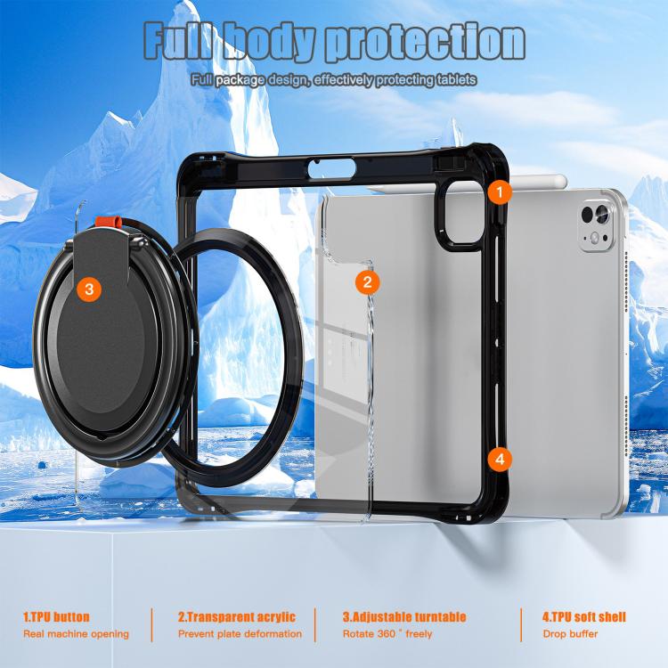 For iPad Pro 13 2025 / 2024 Rotation Ring Handle TPU Hybrid Clear PC Tablet Case