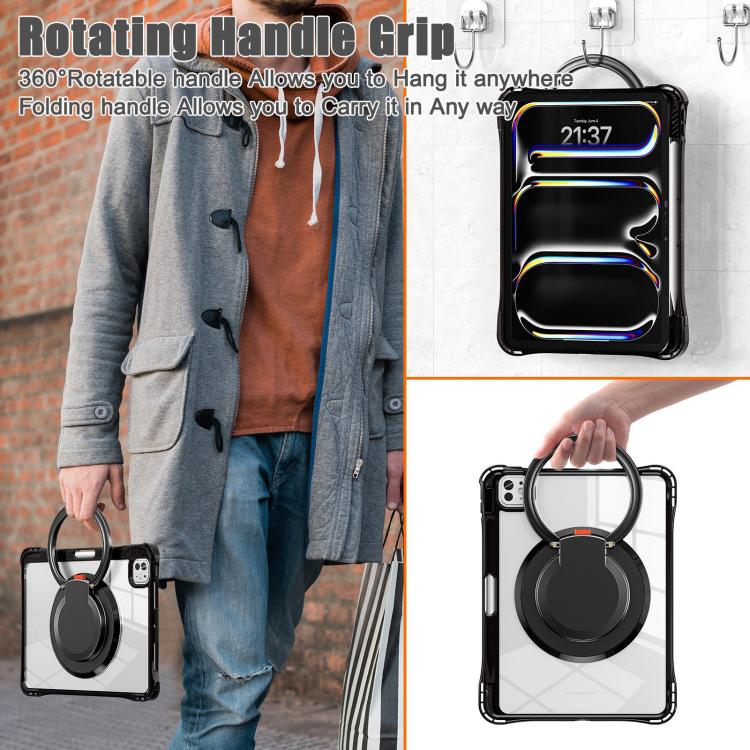 For iPad Pro 13 2025 / 2024 Rotation Ring Handle TPU Hybrid Clear PC Tablet Case