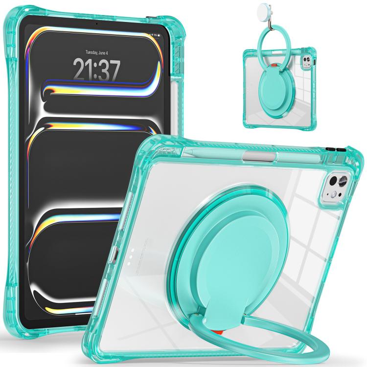 For iPad Pro 13 2025 / 2024 Rotation Ring Handle TPU Hybrid Clear PC Tablet Case
